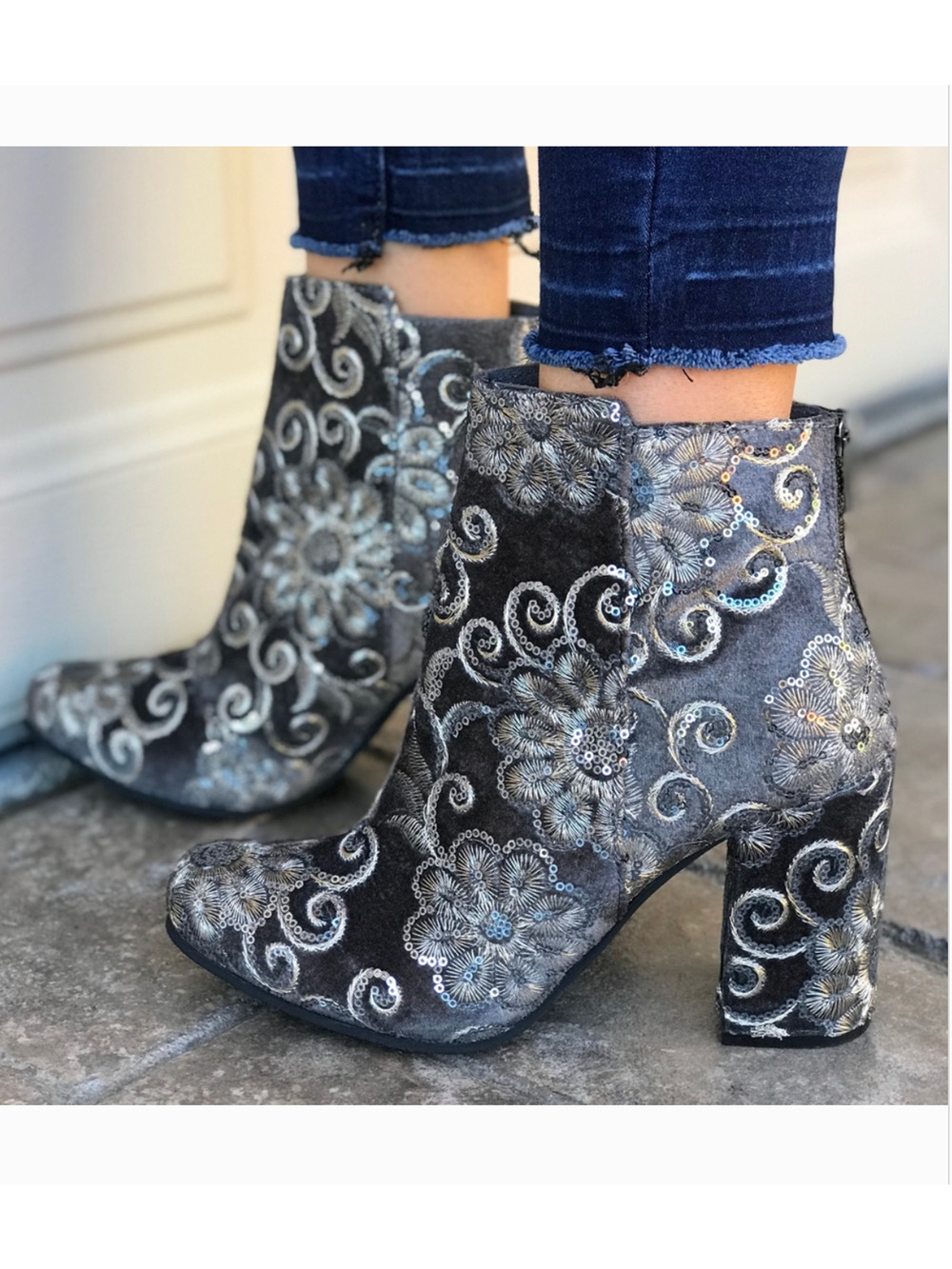 Naughty Monkey Scarlett Velvet Boots 8 NWT Gray Embroidered Floral Ankle Heel